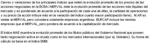 Text Box: Cierres y variaciones de los principales  ndices que miden la evoluci n promedio de los precios de las acciones negociadas en la BCBA.l MERVAL mide la evoluci n promedio de las acciones m s l quidas del mercado y es ponderado de acuerdo a la participaci n de cada una de ellas, la cantidad de operaciones y su precio (la acci n influye m s en la variaci n del  ndice cuanto mayor participaci n tiene).  M.AR es similar al MERVAL pero considera solamente empresas argentinas. BURCAP incluye las mismas empresas que el MERVAL, pero pondera de acuerdo a la capitalizaci n de mercado.

El  ndice MAE muestra la evoluci n promedio de los t tulos p blicos del Gobierno Nacional que poseen tanto negociaci n activa en el pa s como en los mercados internacionales (por ej: Globales). Su forma de c lculo se basa en el  ndice EMBI.