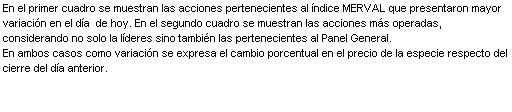 Text Box: En el primer cuadro se muestran las acciones pertenecientes al  ndice MERVAL que presentaron mayor variaci n en el d a  de hoy. En el segundo cuadro se muestran las acciones m s operadas, considerando no solo la l deres sino tambi n las pertenecientes al Panel General. 
En ambos casos como variaci n se expresa el cambio porcentual en el precio de la especie respecto del cierre del d a anterior.