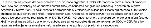 Text Box: Se muestran los precios del d lar contado en el mercado argentino. El d lar interbancario corresponde al promedio calculado por Bloomberg de las fuentes autorizadas, compuestas por grandes bancos que operan en la plaza Argentina y Nueva York. El d lar minorista corresponde al promedio calculado por Bloomberg en base a las fuentes autorizadas, que son Puente Hnos. y Bank Boston Suc. Argentina. El cambio BCRA es calculado por el BCRA en base a las operaciones realizadas en el SIOPEL FOREX (mercado mayorista que opera con el sistema inform tico del MAE) y es el que se utiliza como activo subyacente en los contratos de futuro de d lar de INDOL y DDF. Para las monedas extranjeras se muestra el valor medio entre las puntas compradoras y vendedoras.